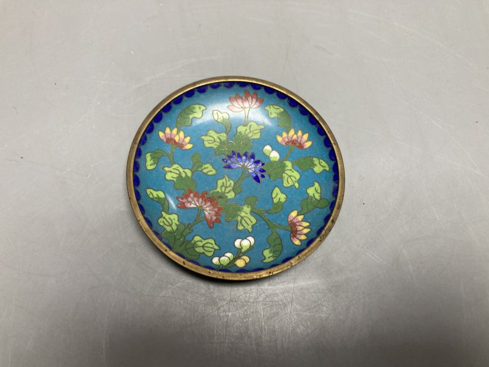 A Chinese cinnabar lacquer box, a carved ivory Chinese brush pot, 14cm and a cloisonne dish